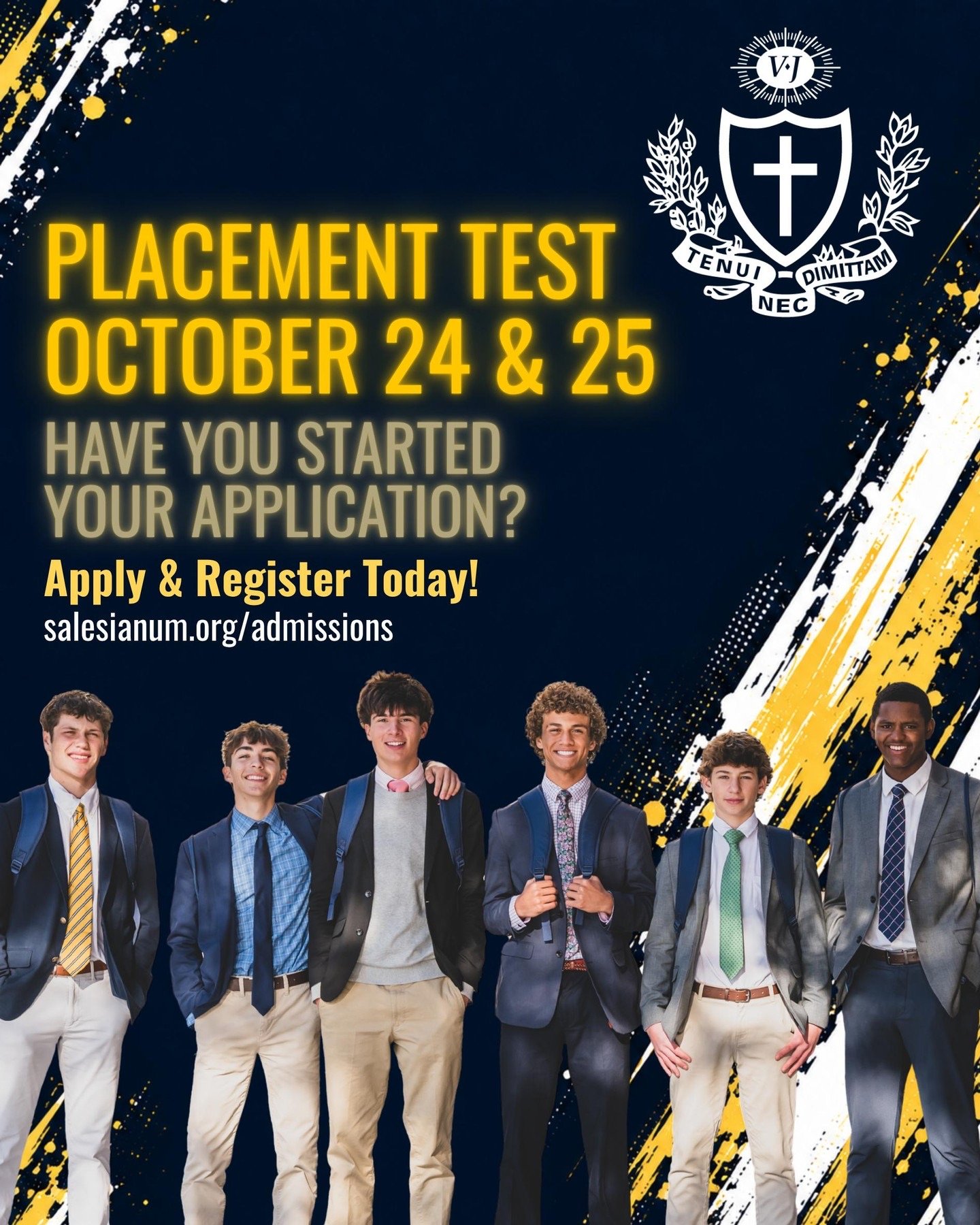 Placement test poster: October 24 and 25, six students in blazers
